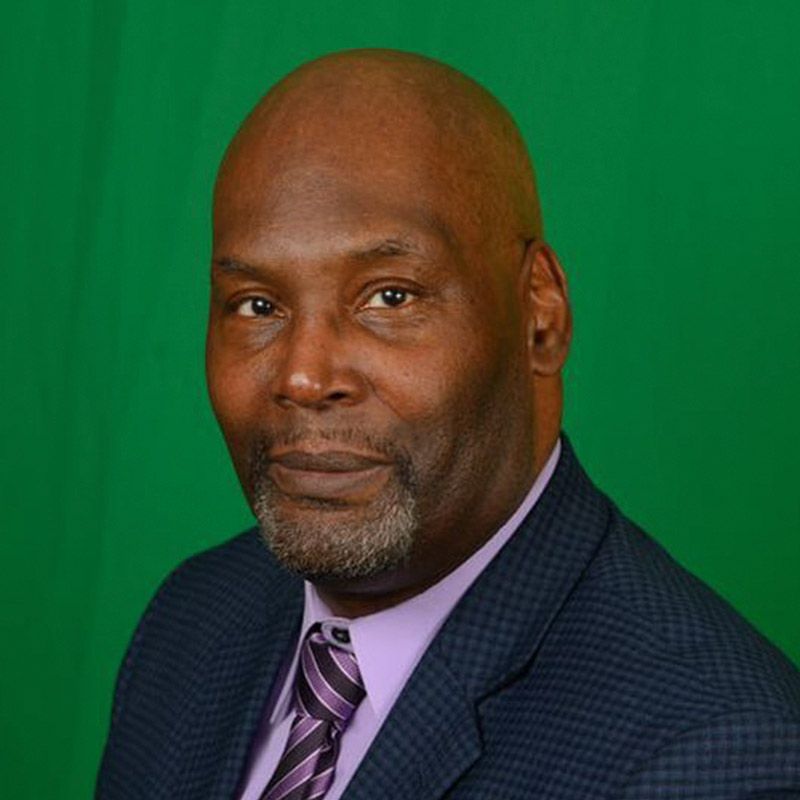A person in a patterned blue suit and purple striped tie against a solid green background.