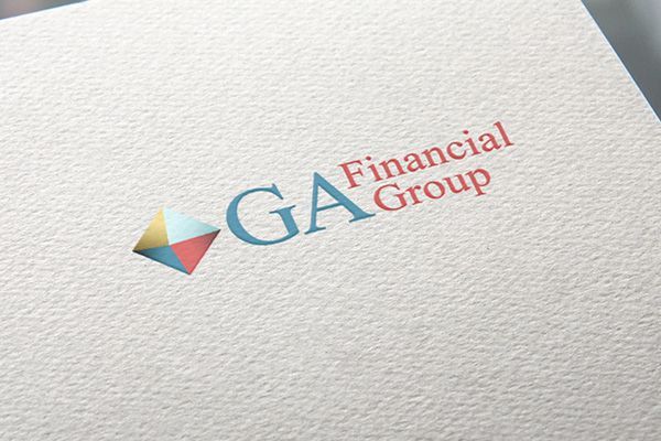 Logo for GA Financial Group featuring blue letters and a small, colorful, diamond-shaped graphic on white paper.