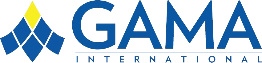 The GAMA International logo: a blue, diamond-shaped icon with a yellow top, next to blue text reading
