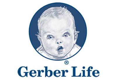 Logo for Gerber Life featuring a sketch of an infant’s face inside a dark blue circle, with