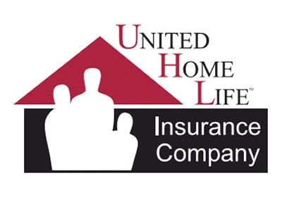 Logo for United Home Life Insurance Company featuring a red house roof outline above a black base containing three figures.