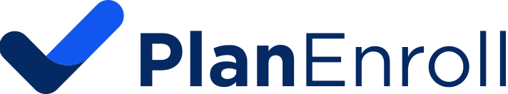 PlanEnroll logo featuring a blue checkmark icon next to the company name in dark blue text.