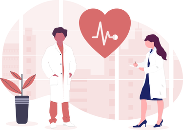 Two medical professionals in white coats stand in a clinic, one writing on a clipboard, with a large heart icon overhead.