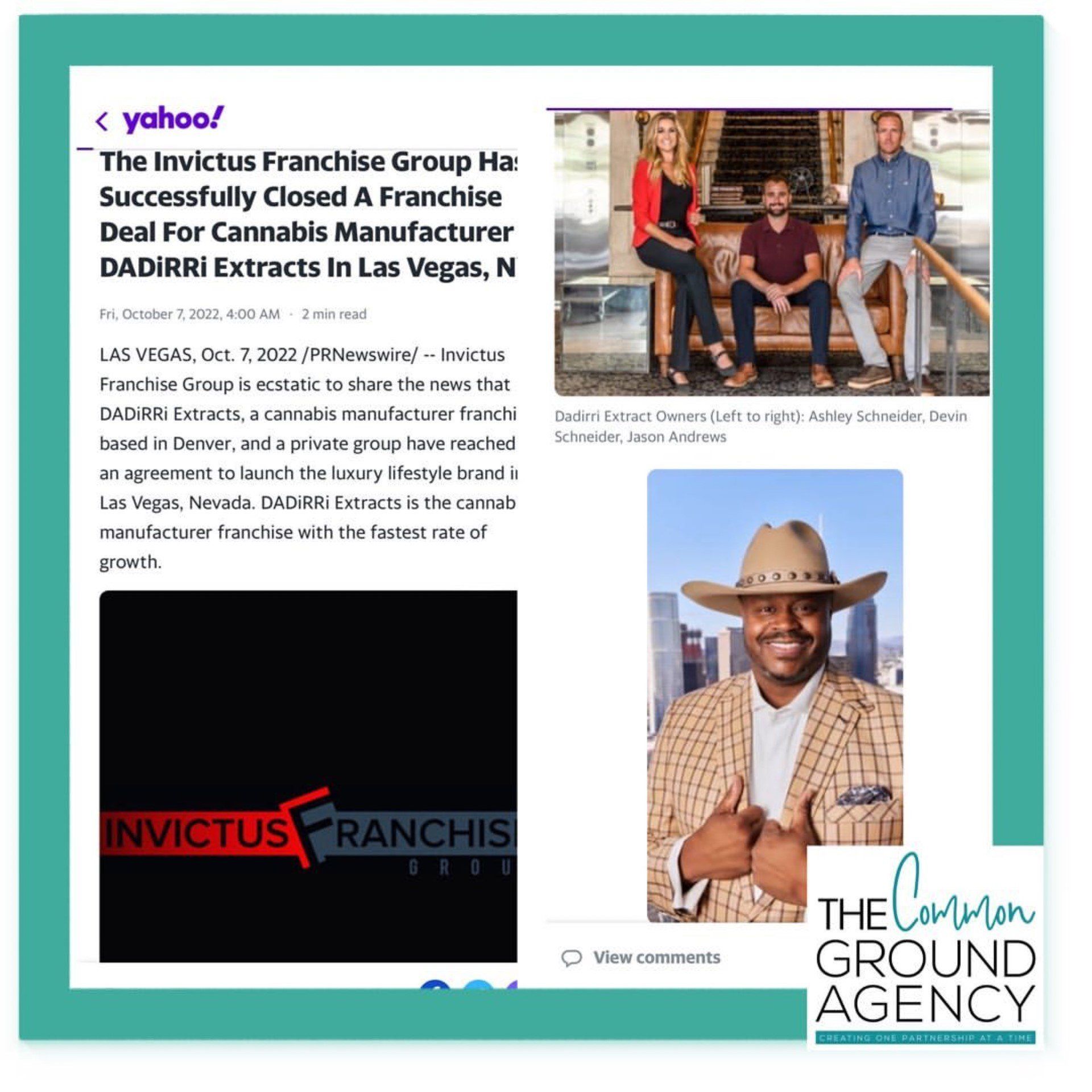 Yahoo article about Invictus Franchise Group closing a deal for DADIRRI extracts in Las Vegas