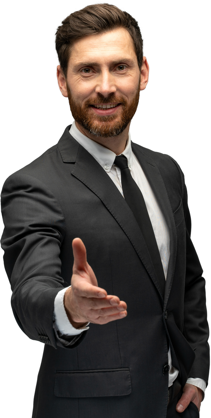 Man in suit extends hand for a handshake