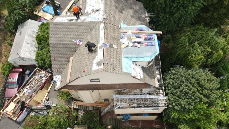 An aerial view of a house that is being remodeled