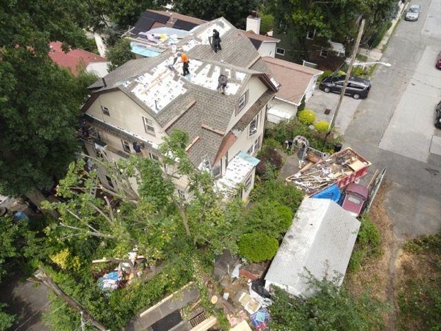 An aerial view of a house that is being remodeled.