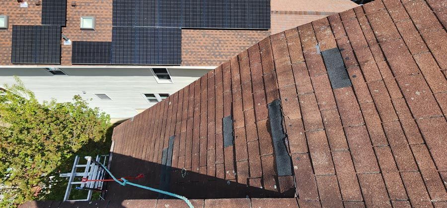 A roof with solar panels on it and a ladder on it.