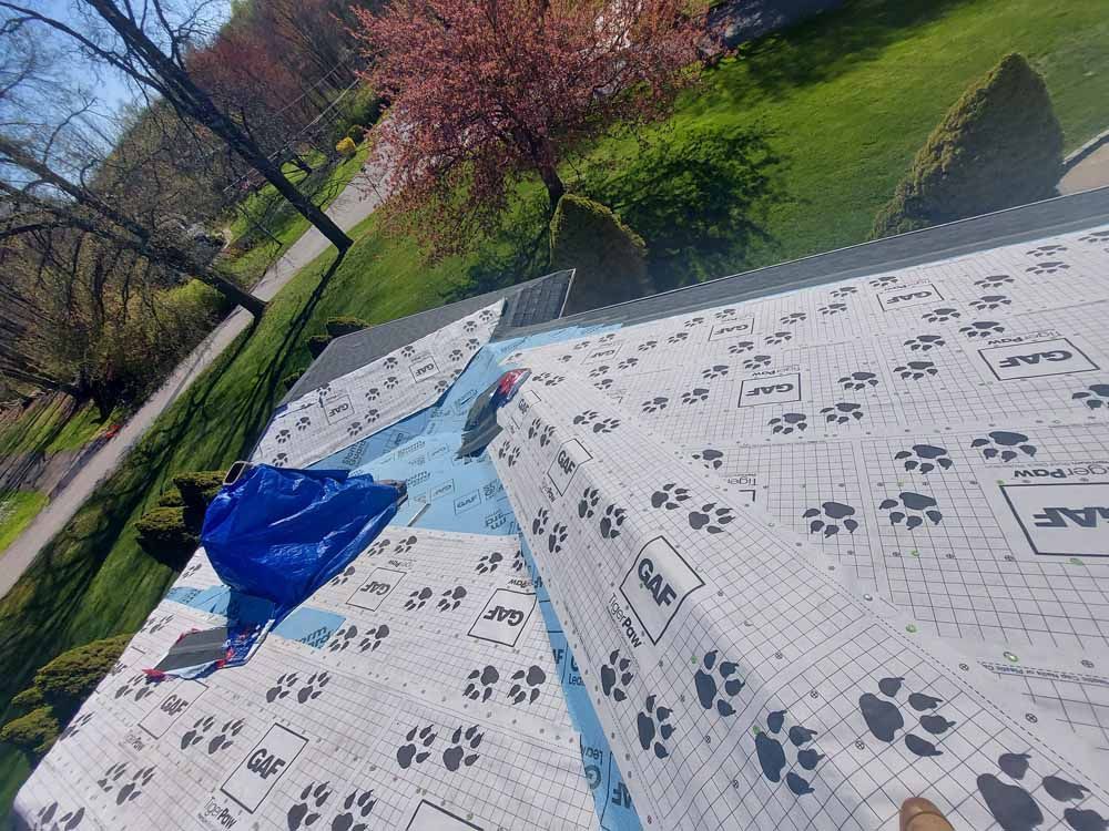 A roof with paw prints on it is being repaired.