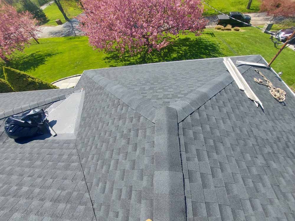 An aerial view of a roof with a tree in the background.