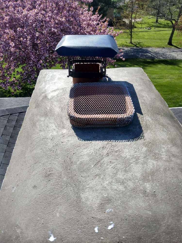 A chimney on top of a concrete roof with a purple flower in the background.