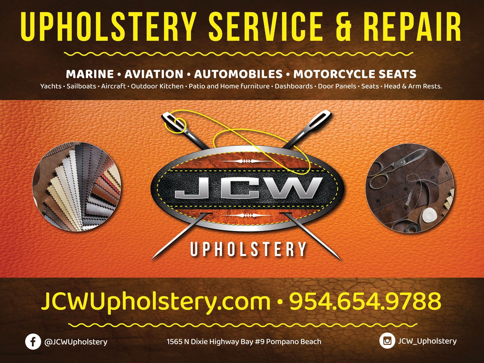 An advertisement for jcw upholstery service and repair