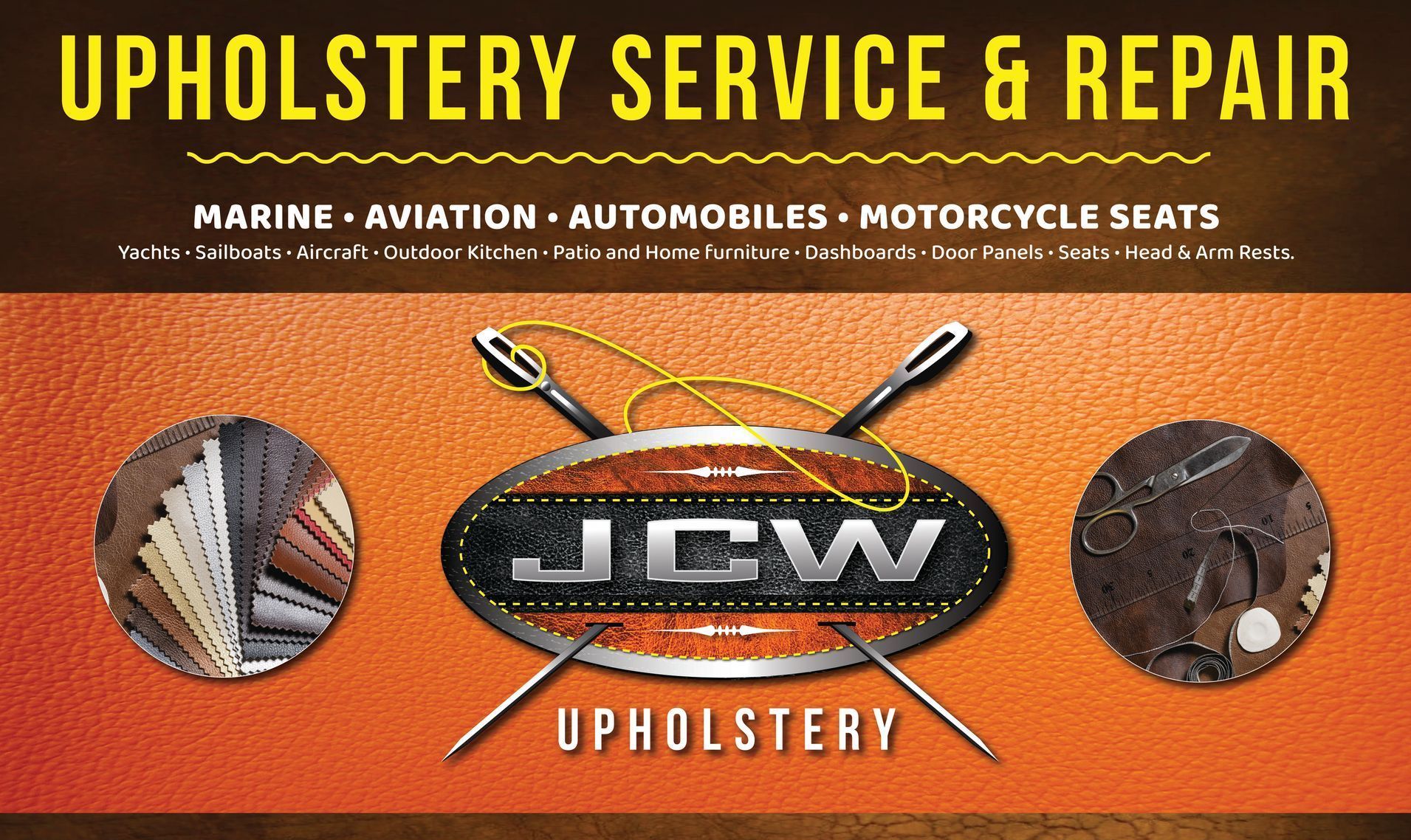 An advertisement for jcw upholstery service and repair