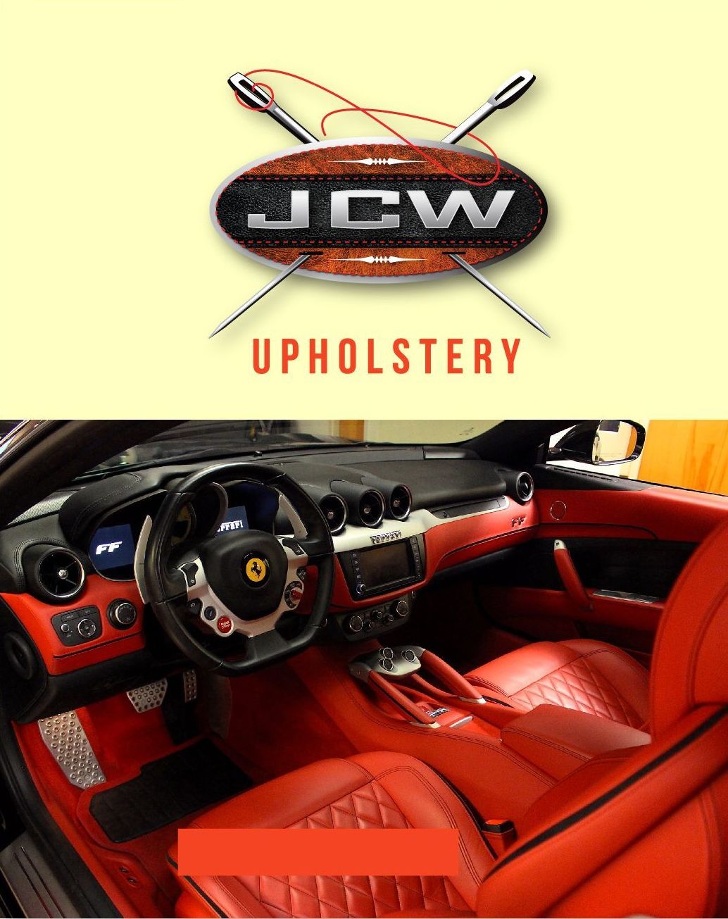 An ad for jcw upholstery with a picture of a car