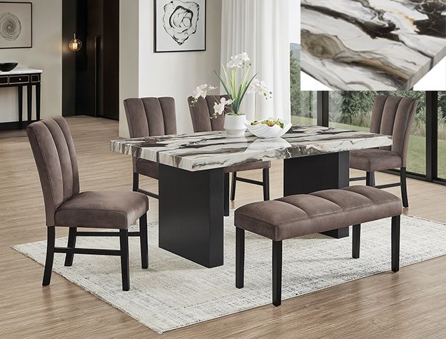 Modern dining room with taupe chairs, a marble-top table, bench seating, and black metal legs on a light rug
