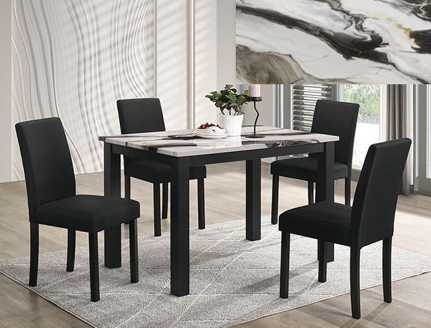 Black dining table with four black chairs on a light rug in a modern room