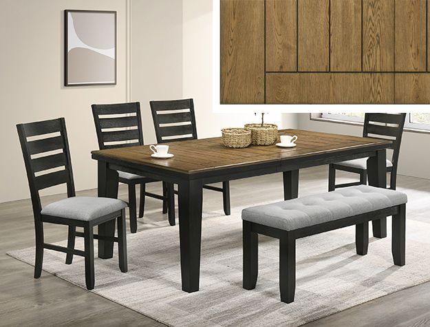 Dining set with black chairs, gray bench, and wood table in a modern room