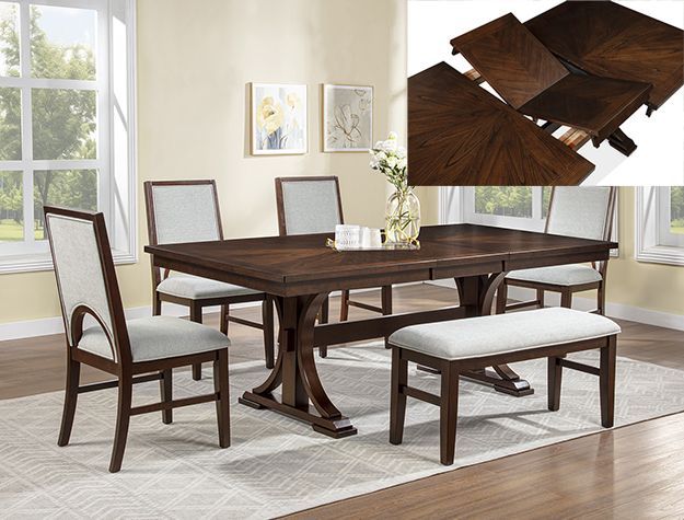 Dark wood dining table set with cushioned chairs and bench in a bright room; inset shows close-up of extending tabletop.