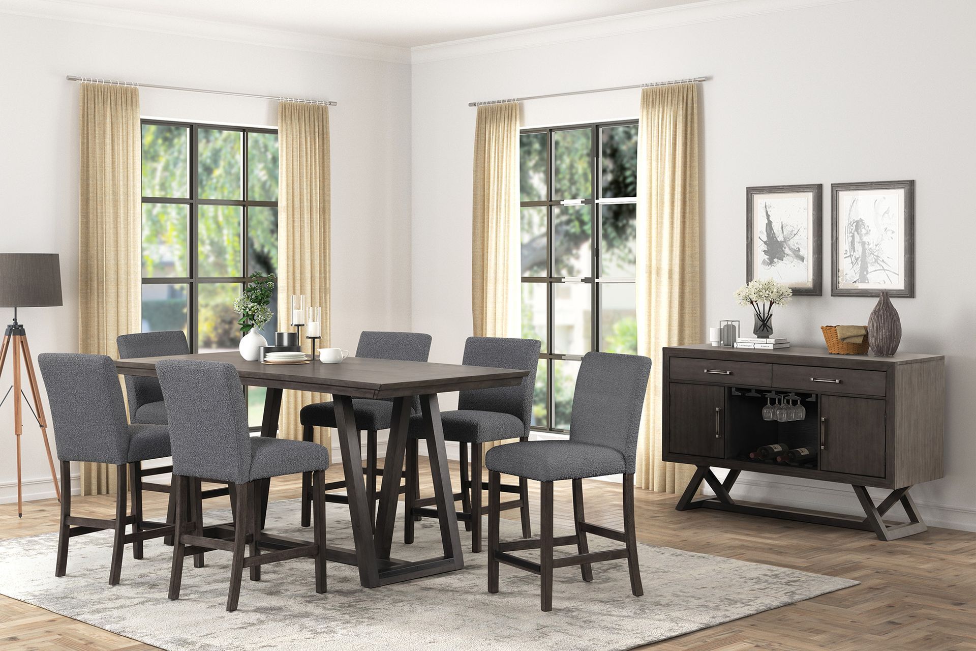 Dining room with dark wood table and chairs, large windows, sideboard, and neutral decor.