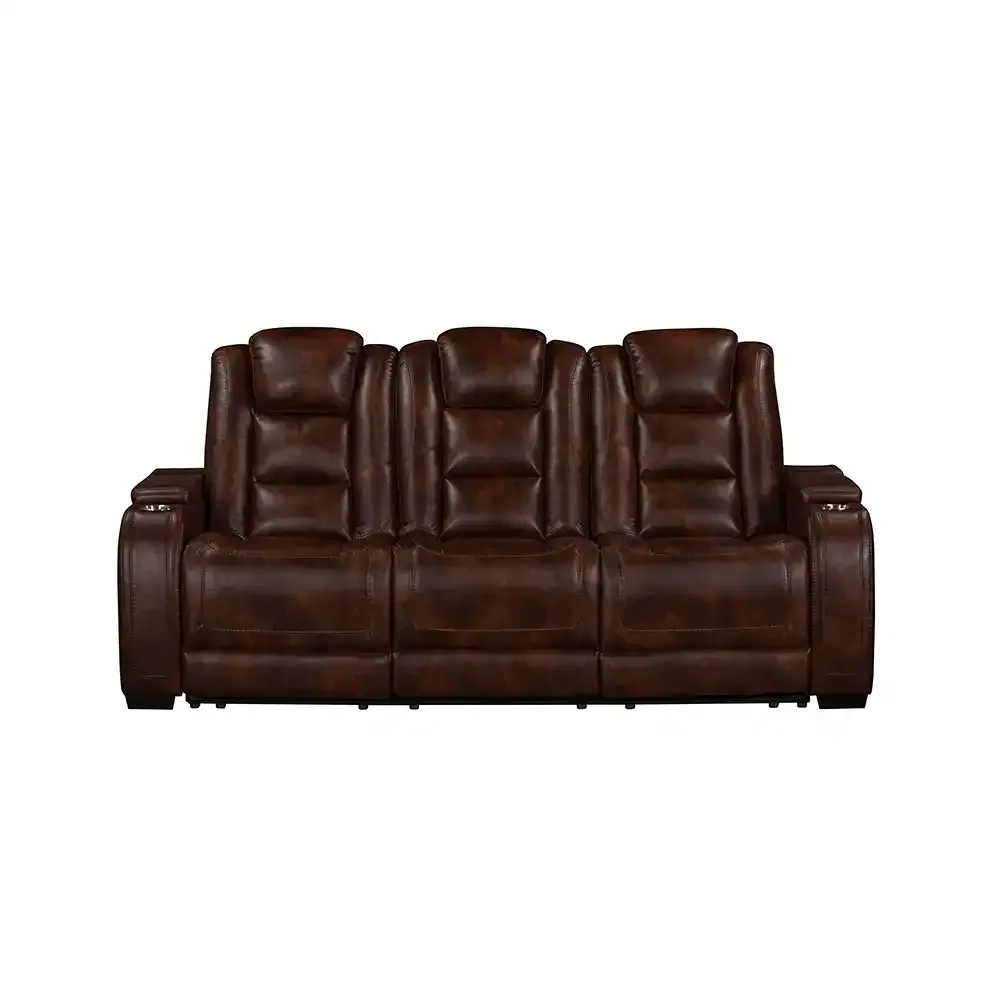 Brown leather reclining sofa with three cushioned seats