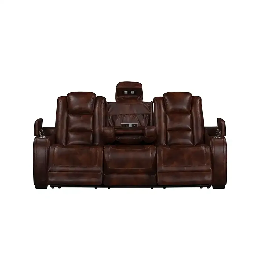 Brown leather reclining sectional sofa with center console and cup holders