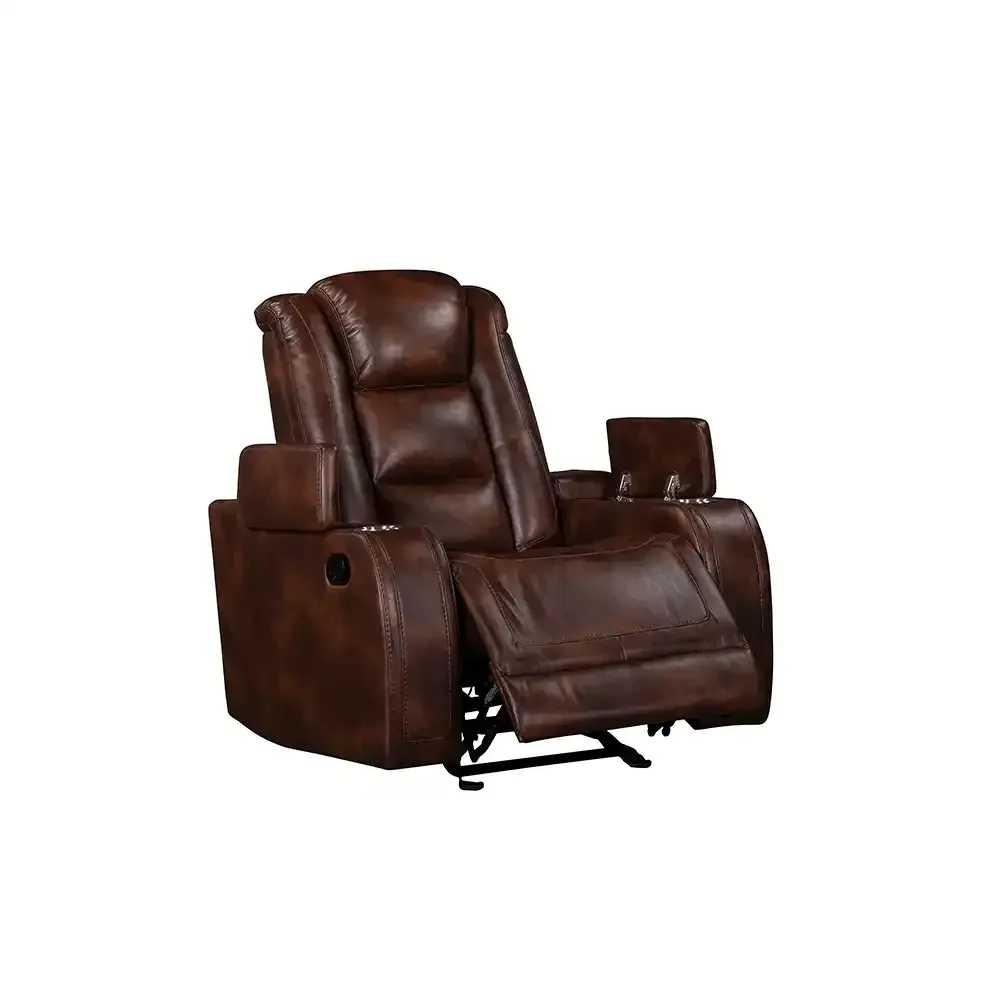 Brown leather reclining massage chair with padded armrests on a white background