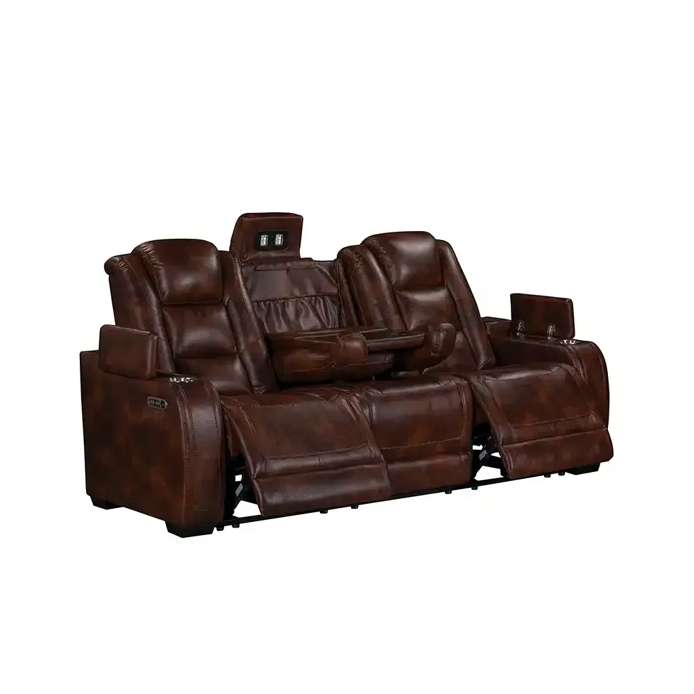 Brown leather reclining sofa with cup holders and center console, shown on a white background