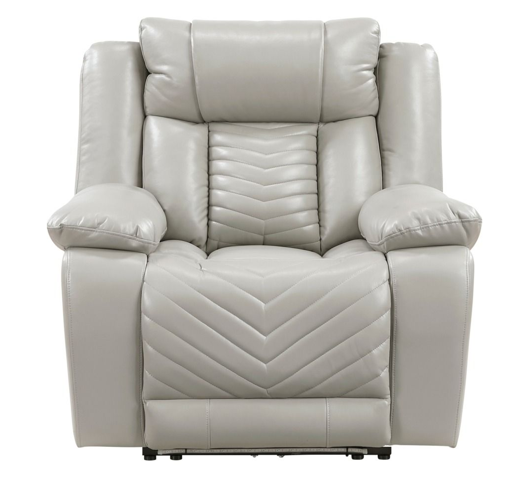 White leather recliner chair with padded arms and headrest, shown front view.