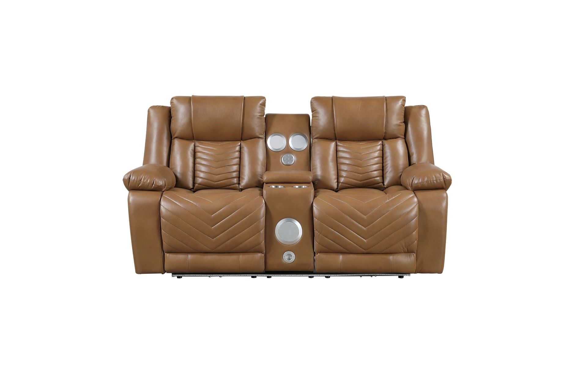 Brown reclining loveseat with cup holders and padded armrests on a white background