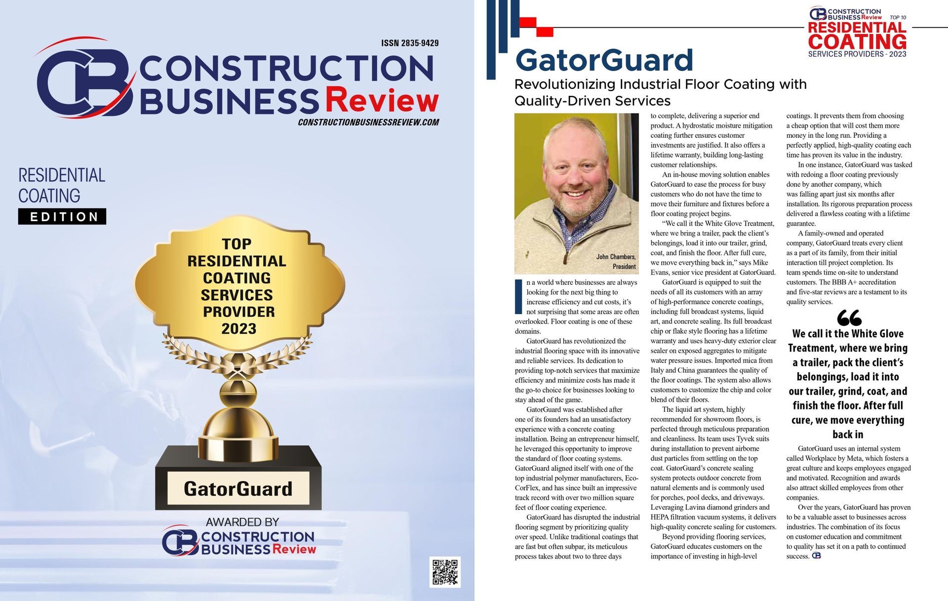 Construction Business Review cover featuring GatorGuard, awarded for top industrial coating services.