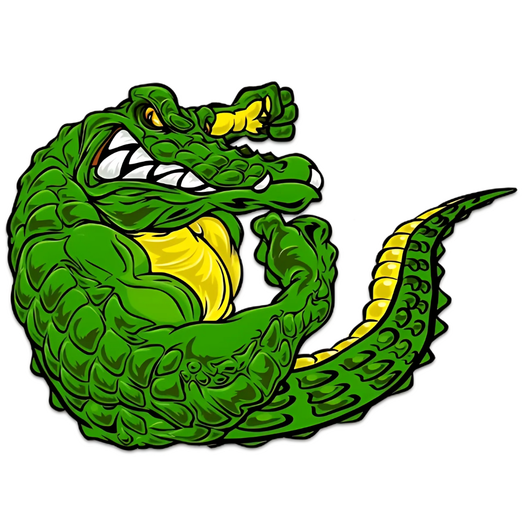 A muscular green alligator flexes its arm with a yellow stomach and tail, angry expression.
