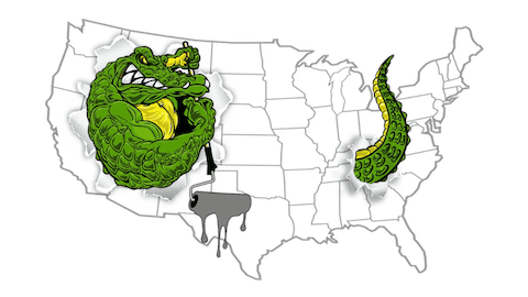 Map of the USA with a green alligator wrapping around states in the South, and a tail reaching to the East.
