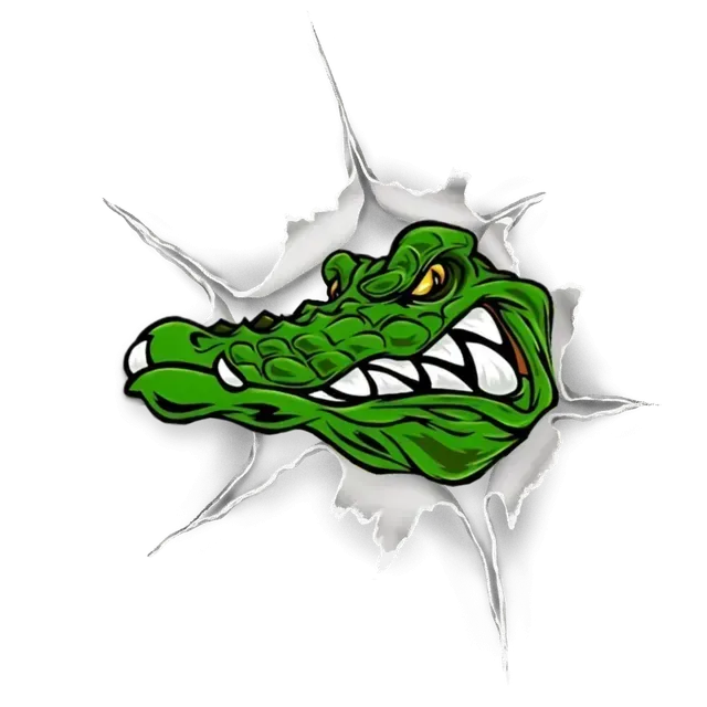 Green alligator head tearing through white background.