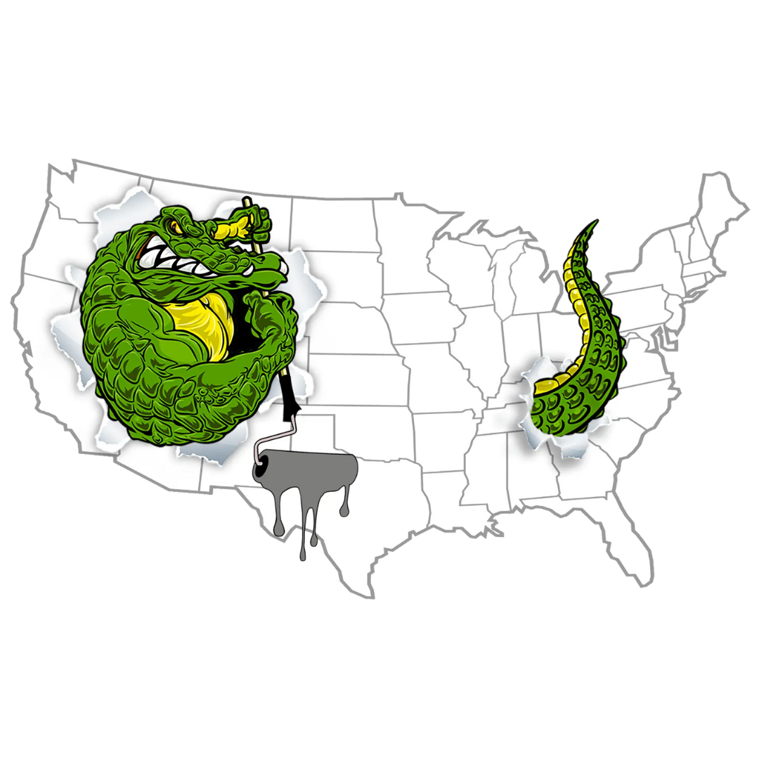 Green alligator bursting through a map of the USA. Tail in Missouri, head in Wyoming, dripping in Texas.