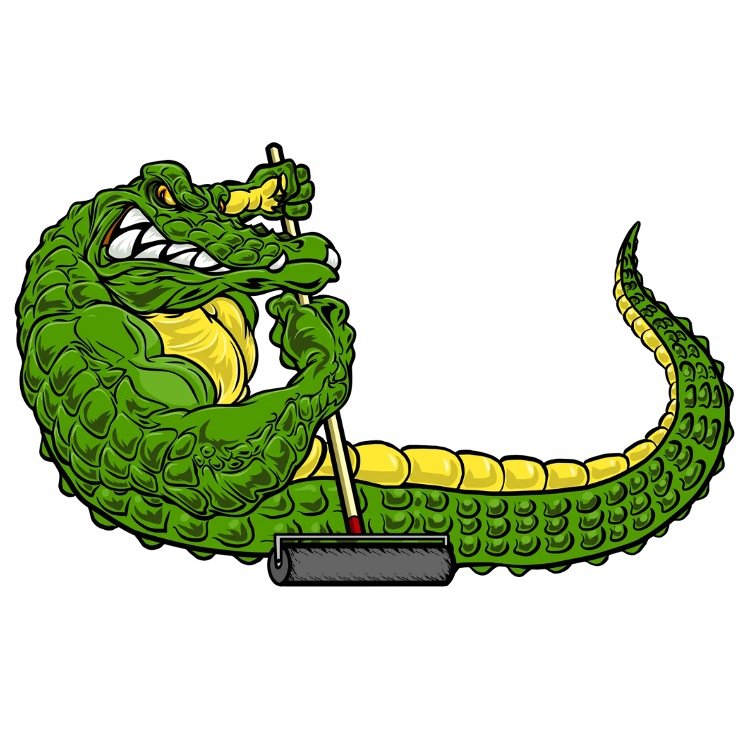 Green alligator with a fierce expression, wielding a paint roller.