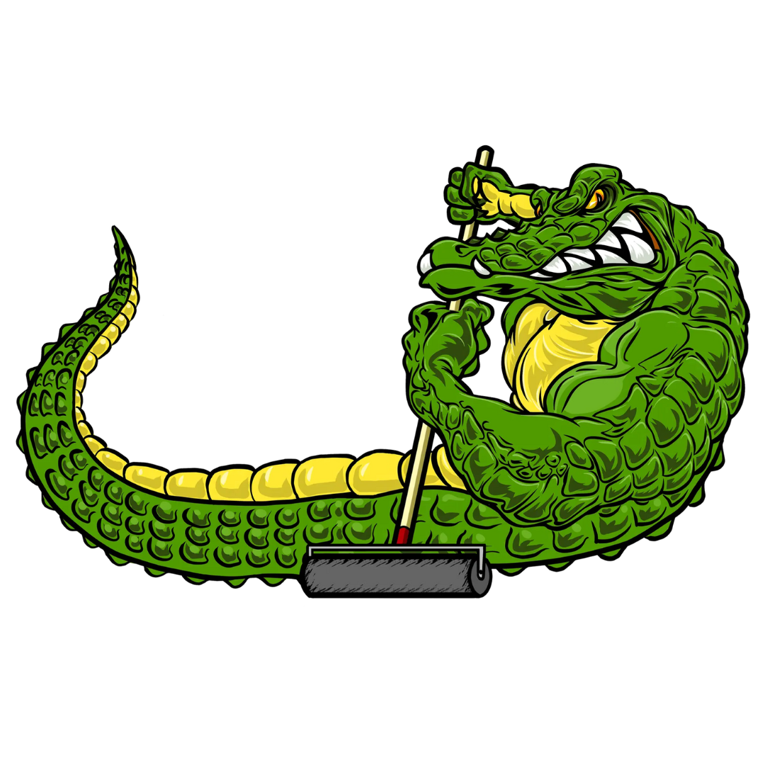 Muscular green alligator holding a paint roller, looking angry.