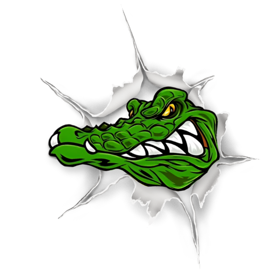 Green alligator head bursting through ripped white paper.