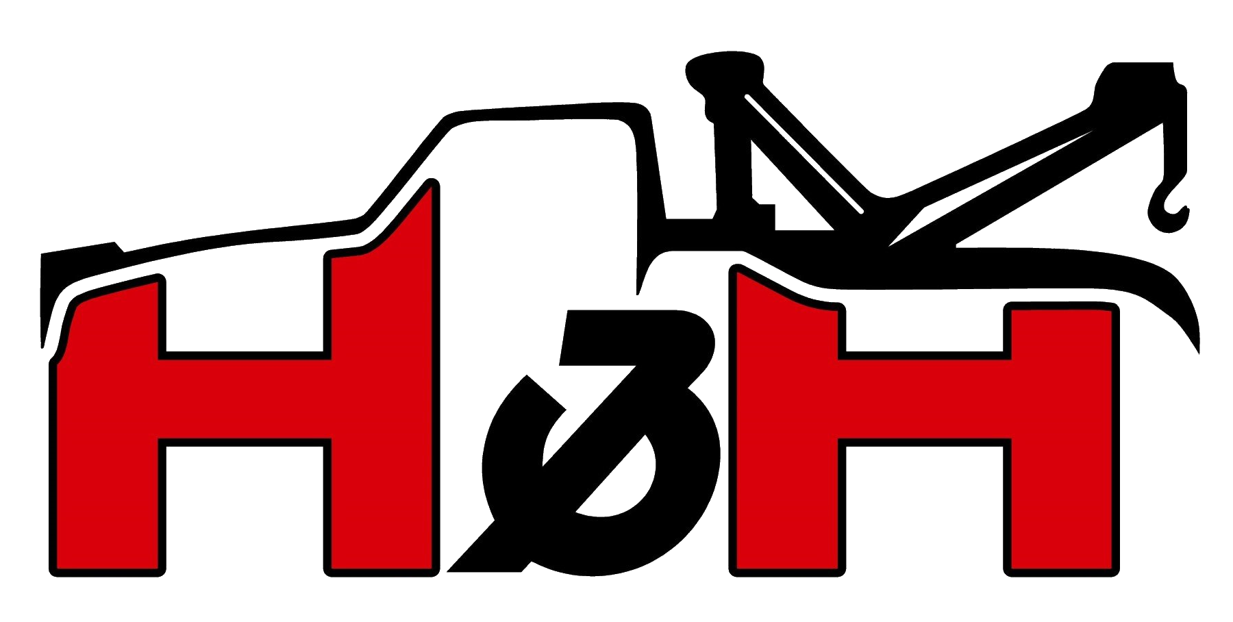 A red and black logo with a tow truck attached to it.