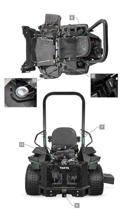Diagram of a lawnmower, detailing parts and components with numbered callouts.