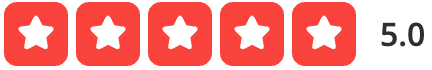 A five-star rating display with red square icons containing white stars and the number 5.0 to the right.
