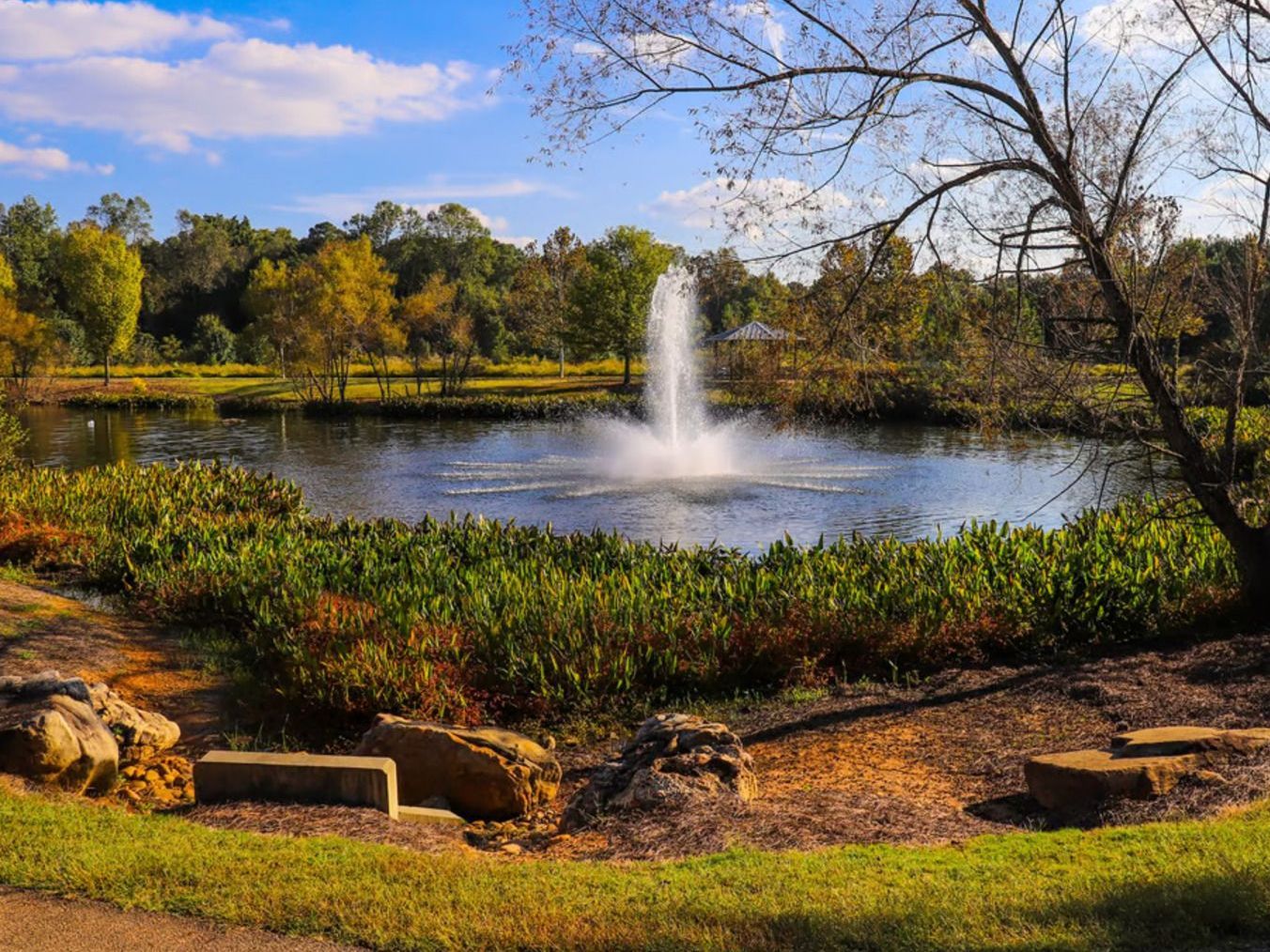 A fountain in the middle of a lake in a park.