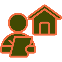 A person is holding a clipboard in front of a house.