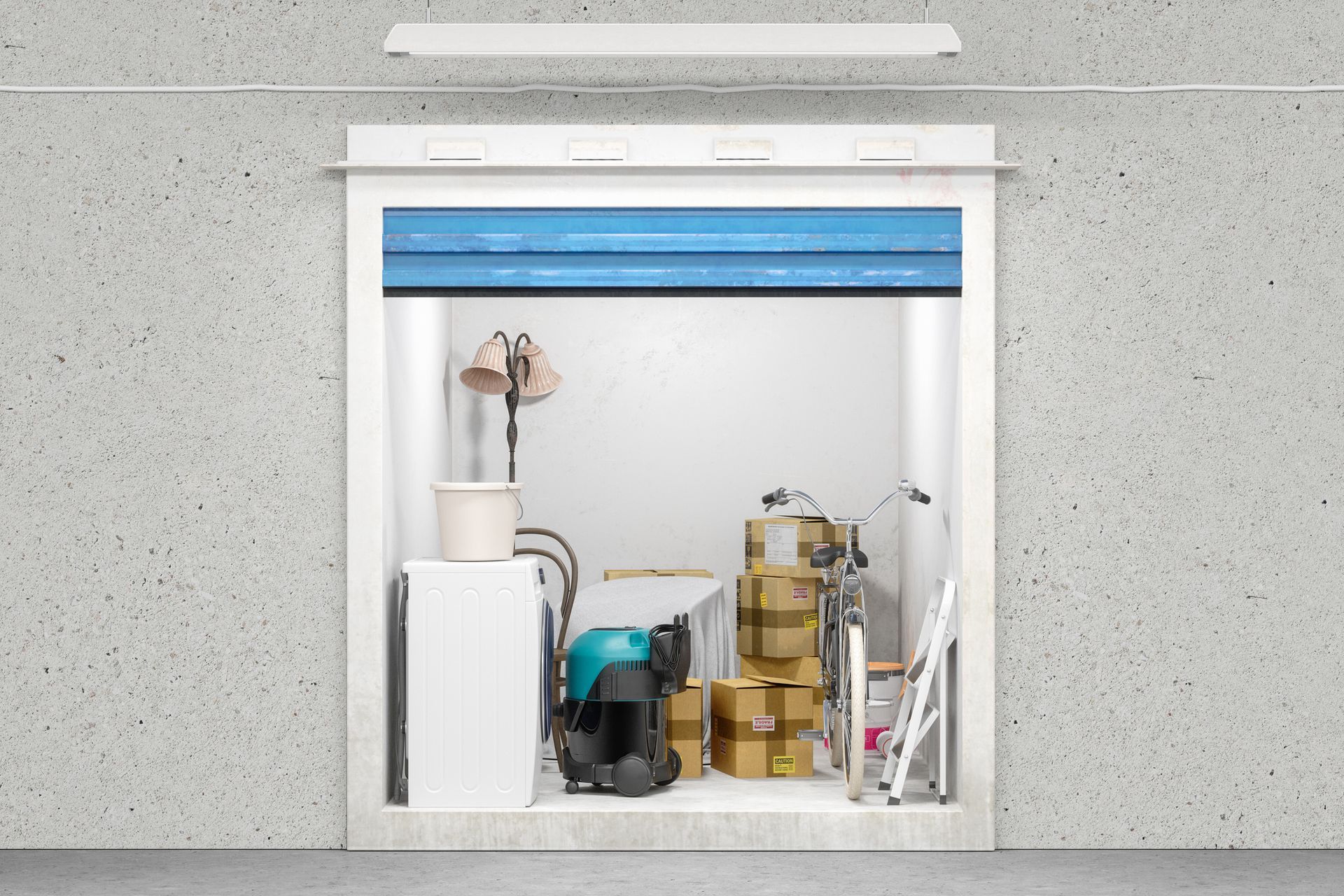 Storage unit with blue door, filled with boxes, a ladder, and other items.