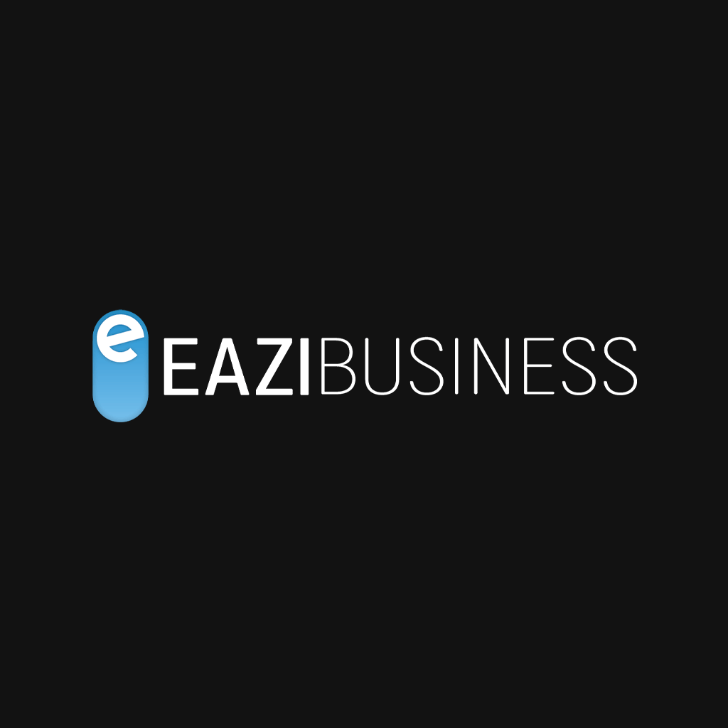 The logo for eazibusiness is a blue capsule on a black background.