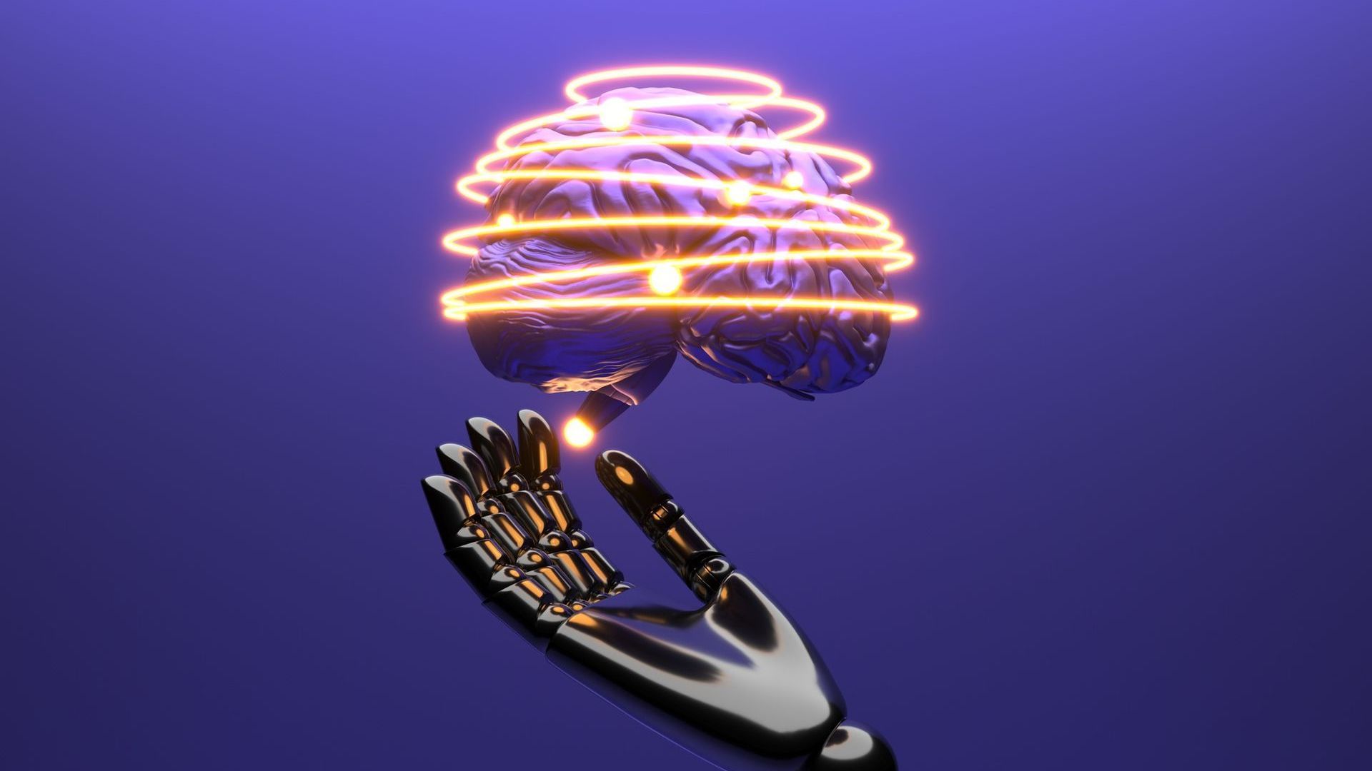 A robotic hand is holding a glowing brain on a purple background.