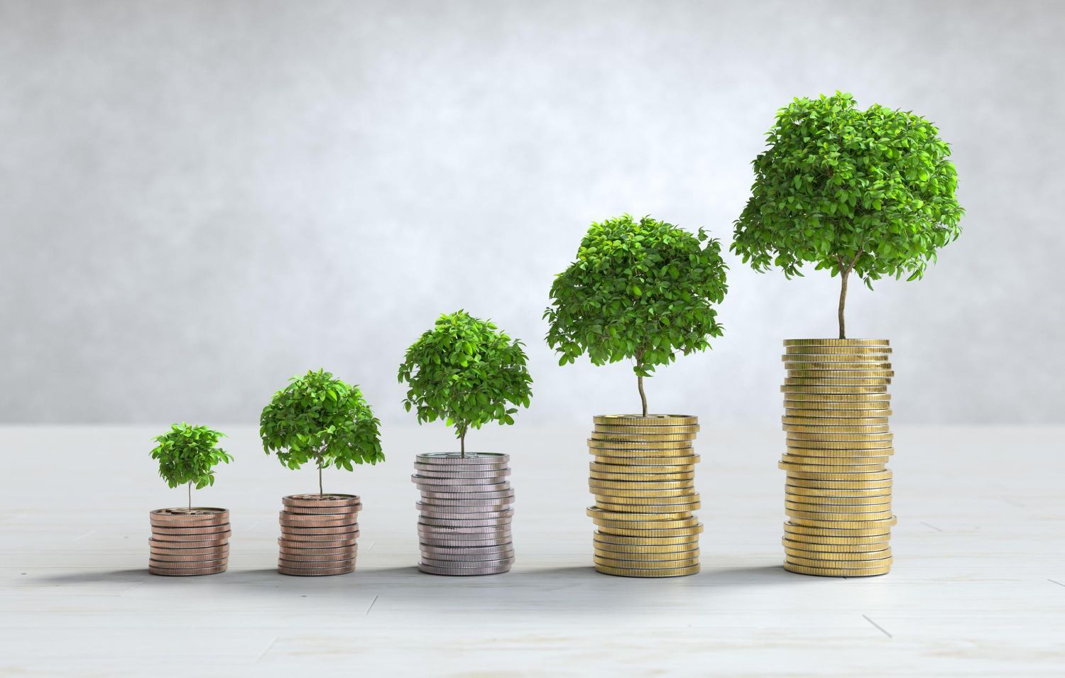 A row of stacks of coins with trees growing out of them.