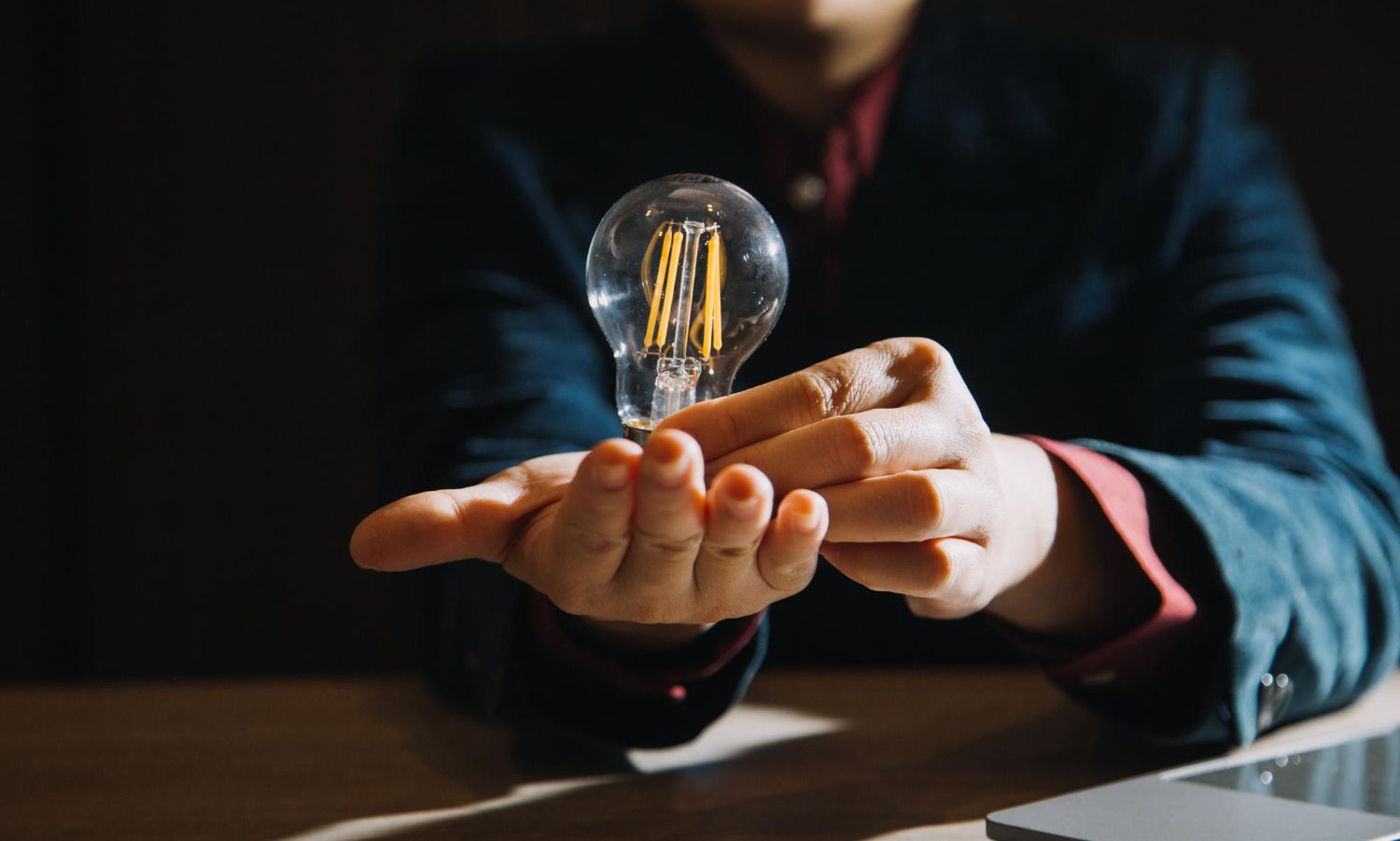 A man is holding a light bulb in his hands.