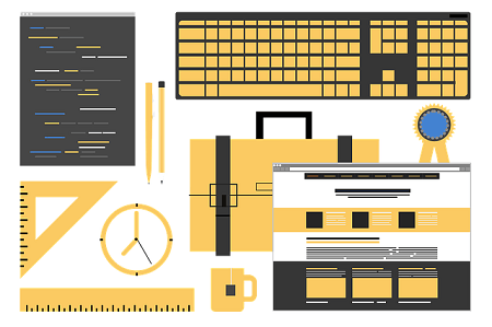 An illustration of a desk with a briefcase , keyboard , pencils , ruler , clock and other items