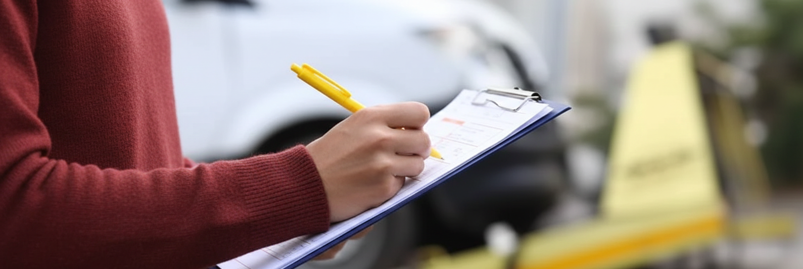 Persona che scrive su un blocco per appunti con una penna gialla vicino a un veicolo e a un cono stradale.