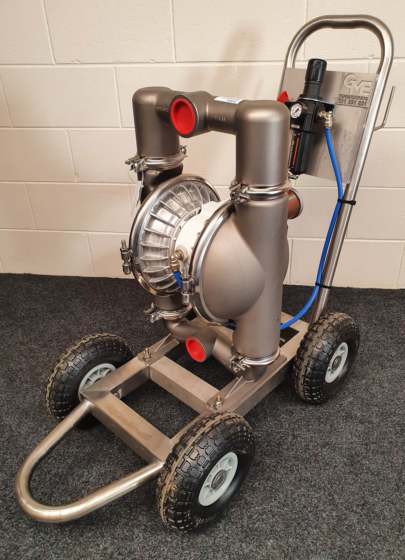 Stainless steel filter trolley for AODD pump, fabricated by GME Tradetech Engineering in Blenheim, Marlborough
